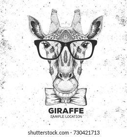 Retro Hipster animal giraffe. Hand drawing Muzzle of giraffe