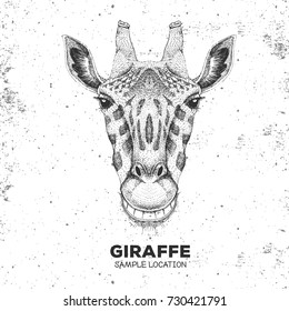 Retro Hipster animal giraffe. Hand drawing Muzzle of giraffe