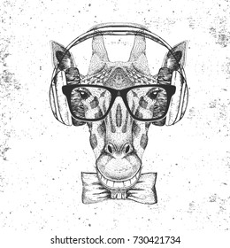Retro Hipster animal giraffe with headphones. Hand drawing Muzzle of giraffe
