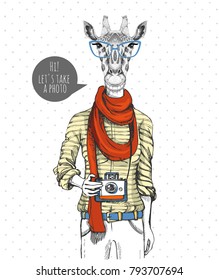 Retro Hipster animal giraffe with photo camera. Woman model