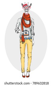 Retro Hipster animal girl giraffe with photo camera. Woman model