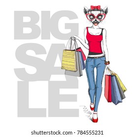 Retro Hipster animal girl lemur. Big sale hipster poster with wo