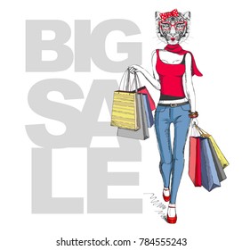 Retro Hipster animal girl tiger. Big sale hipster poster with wo