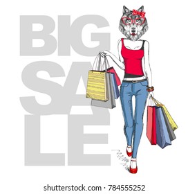 Retro Hipster animal girl wolf. Big sale hipster poster with woman model