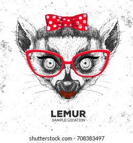 Retro Hipster animal lemur. Hand drawing Muzzle of animal lemur. Girl of 60s