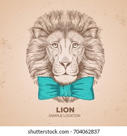 Retro Hipster animal lion. Hand drawing Muzzle of lion