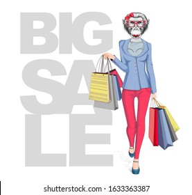 Retro Hipster animal monkey. Big sale hipster poster with woman model