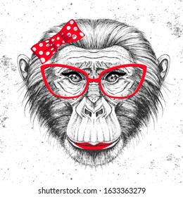 Retro Hipster animal monkey. Hand drawing Muzzle of animal chimpanzee. Girl of 60s