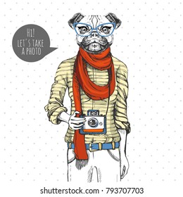 Retro Hipster animal pug-dog with photo camera. Woman model