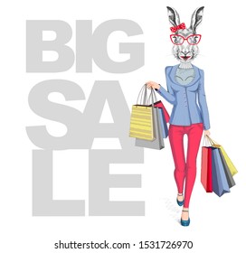 Retro Hipster animal rabbit. Big sale hipster poster with woman model