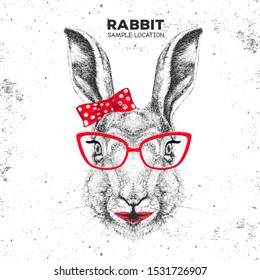 Retro Hipster animal rabbit. Hand drawing Muzzle of animal bunny. Girl of 60s