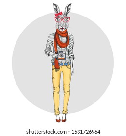 Retro Hipster animal rabbit with photo camera. Woman model