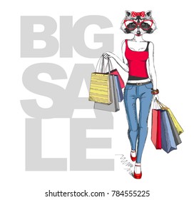 Retro Hipster animal raccoon. Big sale hipster poster with woman