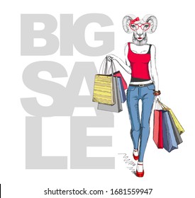 Retro Hipster animal ram or mouflon. Big sale hipster poster with woman model
