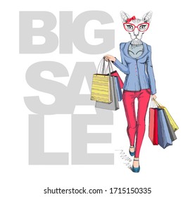Retro Hipster animal sphynx cat. Big sale hipster poster with woman model