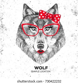 Retro Hipster animal wolf. Hand drawing Muzzle of animal wolf. Girl of 60`s