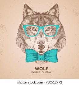 Retro Hipster animal wolf. Hand drawing Muzzle of wolf