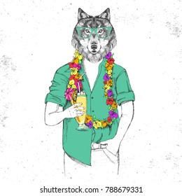 Retro Hipster animal wolf with tropic cocktail