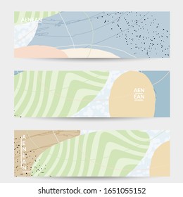 Diseño de carteles de arte retro hipster. Formas variopintas onduladas. Textura dibujada a mano superpuesta. Las rayas, los puntos y los garabatos crean un ambiente tropical exótico. Colores naturales orgánicos.