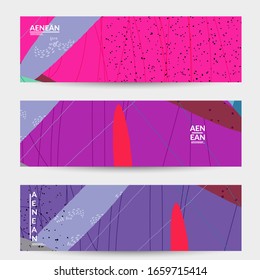 Retro hipster art banner design. Wavy motley shapes. Overlapping hand drawn texture. Stripes, dots and scribbles create exotic tropical background. Natural organic colors.