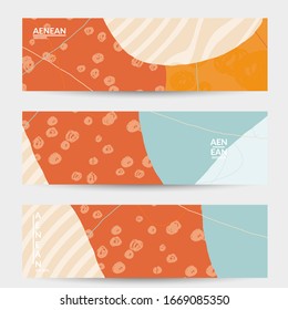 Retro hipster art banner design. Wavy motley shapes. Overlapping hand drawn texture. Stripes, dots and scribbles create exotic tropical background. Natural organic colors.