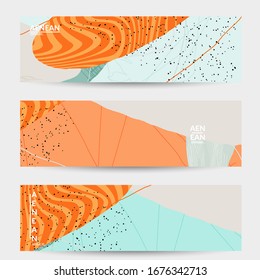 Retro hipster art banner design. Wavy motley shapes. Overlapping hand drawn texture. Stripes, dots and scribbles create exotic tropical background. Natural organic colors.