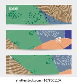 Retro hipster art banner design. Wavy motley shapes. Overlapping hand drawn texture. Stripes, dots and scribbles create exotic tropical background. Natural organic colors.