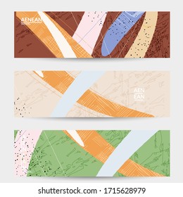 Retro hipster art banner design. Wavy motley shapes. Overlapping hand drawn texture. Stripes, dots and scribbles create exotic tropical background. Natural organic colors.
