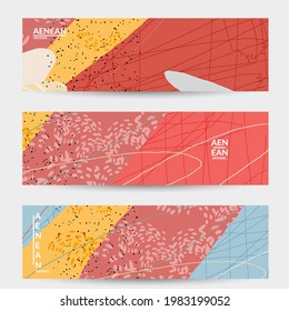 Retro hipster art banner design. Wavy motley shapes. Overlapping hand drawn texture. Stripes, dots and scribbles create exotic tropical background. Natural organic colors.