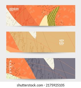 Retro hipster art banner design. Wavy motley shapes. Overlapping hand drawn texture. Stripes, dots and scribbles create exotic tropical background. Natural organic colors.
