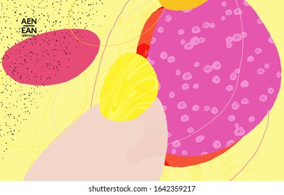 Retro hipster art print or poster design. Wavy motley shapes. Overlapping hand drawn texture. Stripes, dots and scribbles create exotic tropical background. Natural organic colors.
