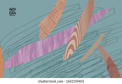 Retro hipster art print or poster design. Wavy motley shapes. Overlapping hand drawn texture. Stripes, dots and scribbles create exotic tropical background. Natural organic colors.