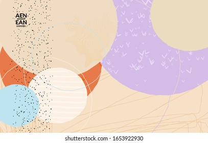 Retro hipster art print or poster design. Wavy motley shapes. Overlapping hand drawn texture. Stripes, dots and scribbles create exotic tropical background. Natural organic colors.