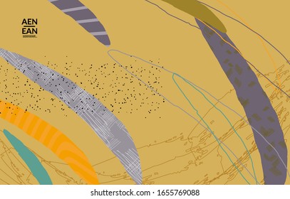 Retro hipster art print or poster design. Wavy motley shapes. Overlapping hand drawn texture. Stripes, dots and scribbles create exotic tropical background. Natural organic colors.
