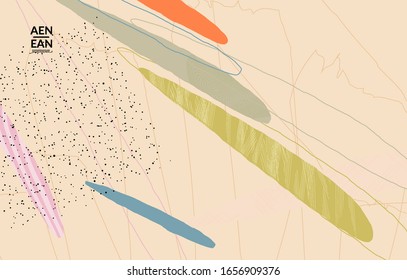 Retro hipster art print or poster design. Wavy motley shapes. Overlapping hand drawn texture. Stripes, dots and scribbles create exotic tropical background. Natural organic colors.