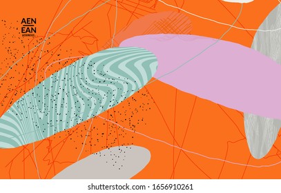 Retro hipster art print or poster design. Wavy motley shapes. Overlapping hand drawn texture. Stripes, dots and scribbles create exotic tropical background. Natural organic colors.