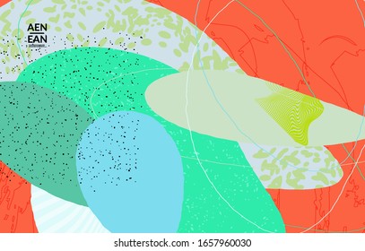 Retro hipster art print or poster design. Wavy motley shapes. Overlapping hand drawn texture. Stripes, dots and scribbles create exotic tropical background. Natural organic colors.