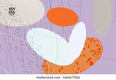 Retro hipster art print or poster design. Wavy motley shapes. Overlapping hand drawn texture. Stripes, dots and scribbles create exotic tropical background. Natural organic colors.