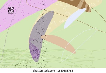 Retro hipster art print or poster design. Wavy motley shapes. Overlapping hand drawn texture. Stripes, dots and scribbles create exotic tropical background. Natural organic colors.