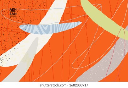 Retro hipster art print or poster design. Wavy motley shapes. Overlapping hand drawn texture. Stripes, dots and scribbles create exotic tropical background. Natural organic colors.