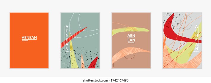 Diseño de afiches o impresos de hipster retro. Formas onduladas. Textura dibujada a mano. Las franjas, los puntos y los garabatos crean un ambiente tropical exótico. Colores orgánicos naturales.