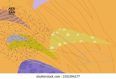 Retro hipster art print or poster design. Wavy motley shapes. Overlapping hand drawn texture. Stripes, dots and scribbles create exotic tropical background. Natural organic colors.