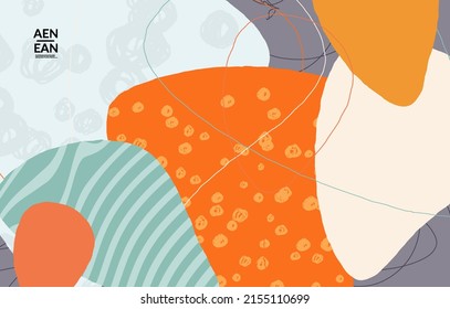 Retro hipster art print or poster design. Wavy motley shapes. Overlapping hand drawn texture. Stripes, dots and scribbles create exotic tropical background. Natural organic colors.