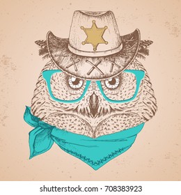 Retro Hipster bird owl. Hand drawing Muzzle of bird owl