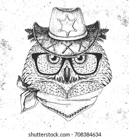 Retro Hipster bird owl. Hand drawing Muzzle of bird owl