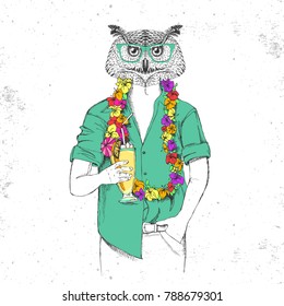 Retro Hipster bird owl with tropic cocktail