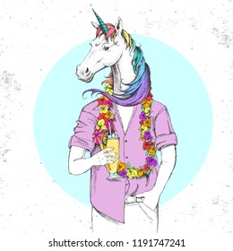 Retro Hipster Fantasy Animal Unicorn With Tropic Cocktail