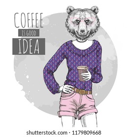 Retro Hipster fashion animal bear with coffee. Woman model
