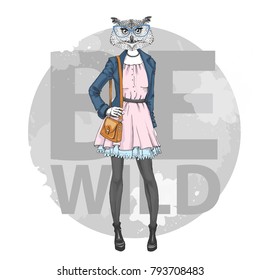Retro Hipster fashion animal bird owl. Woman model
