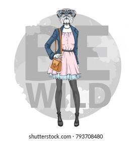 Retro Hipster fashion animal bulldog. Woman model